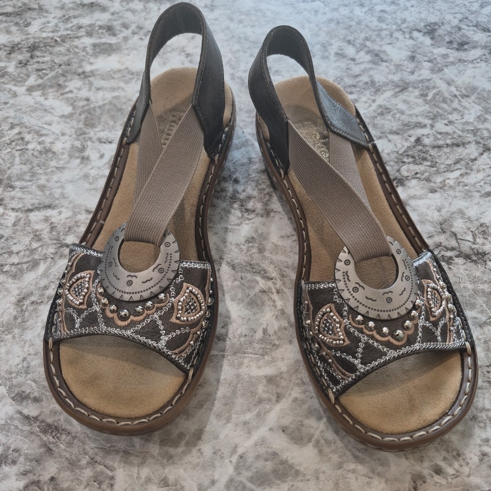 Rieker Regina Bronze Brown $115 Embellished Sandal Size 37/6-6.5